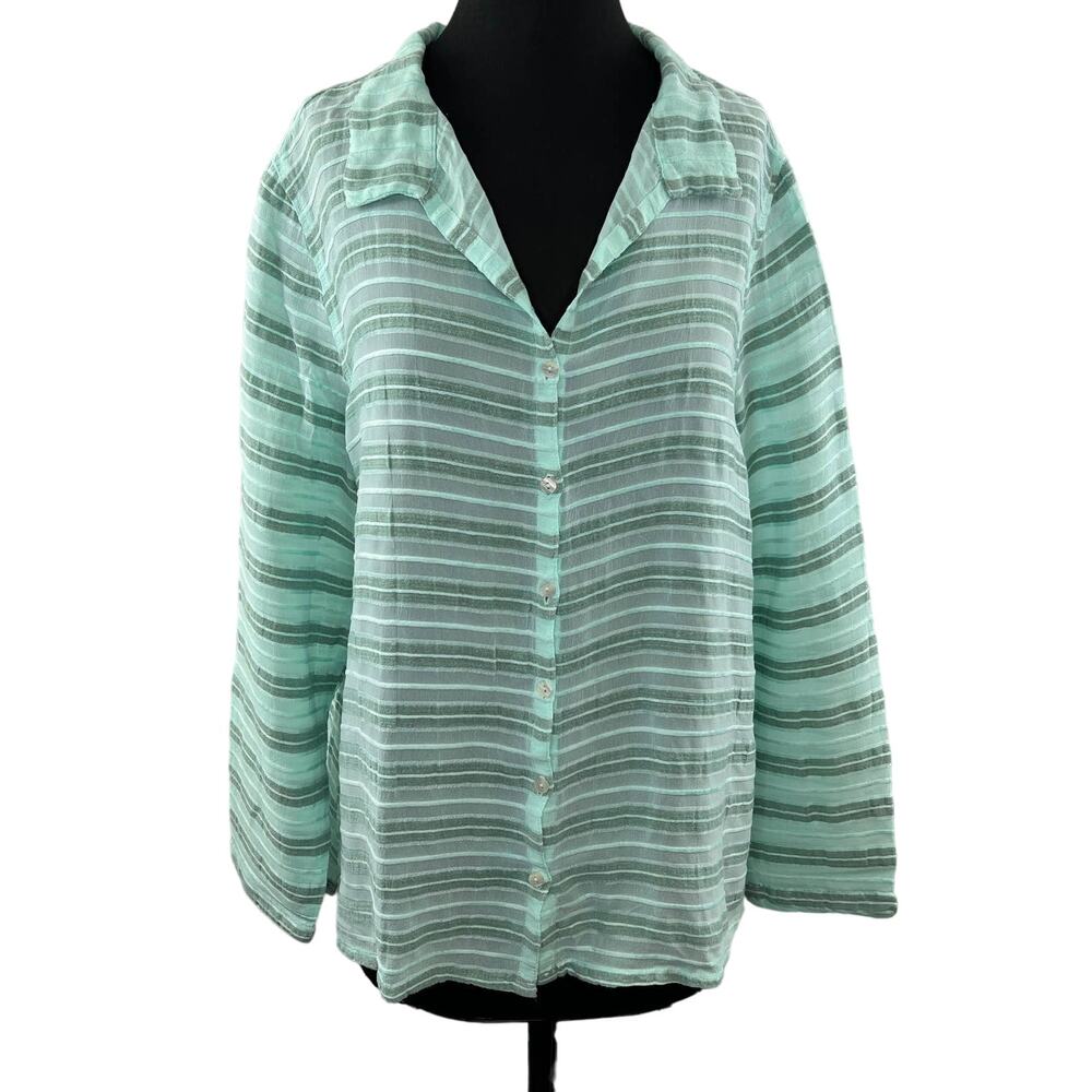 Fresh Produce Green Stripe Linen Collar V-Neck Button-Up Long Sleeve Top XL